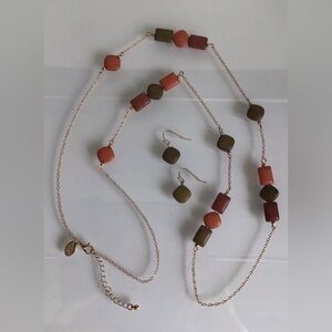 Natural Stone Rust Green Matte Finish Chiclet Bead Necklace & Earrings